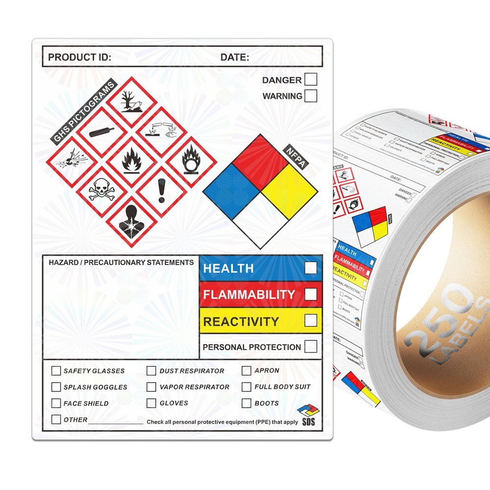 SDS Label Stickers 4 x 3 Inches, Roll of 250 MSDS OSHA Data Stickers with GHS…