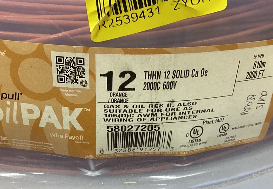 40lb.. Of Southwire THHN #12 Solid Copper Orange Wire (2000ft 52lb.).