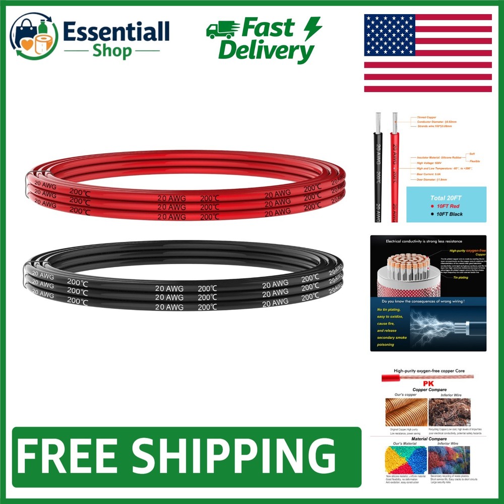 20 AWG Silicone Hook Up Wire – 20 Feet (10ft Black/Red) High Voltage Up to 600V