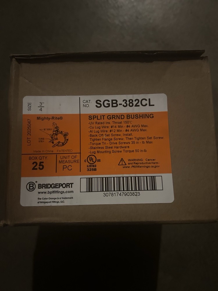 Bridgeport SGB-382CL, 3/4″, 14 to 4, Die-Cast, Split Grounding Bushing (25 Box)