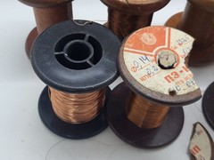 Vintage wooden spools with copper wire, 7 different pieces