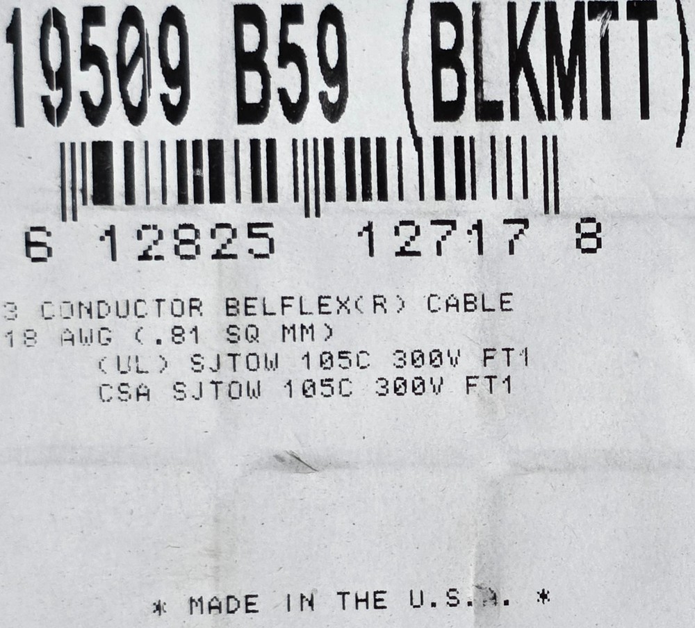 Belden 19509 18/3C SJTOW BelFlex High Flex Portable Power Cord Cable Black /10ft