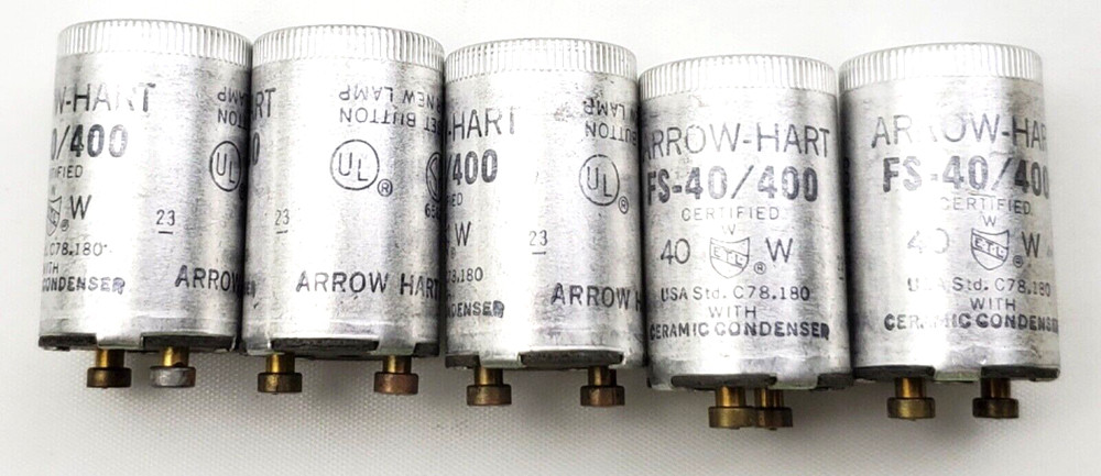 Lot of 5 Arrow Hart FS-40/400 Fluorescent Lamp Starters 40 Watt Ceramic Condense