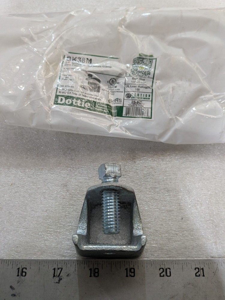 Dottie BK38M 3/8 in Malleable Iron Beam Clamp Bolt Size 1/2 X 1-1/2 Zinc Plated