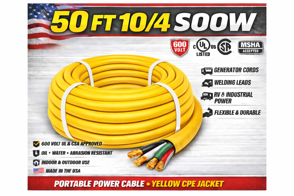 10/4 SOOW Portable Cord 50FT 600V UL CSA Black Flexible Cable USA Made Yellow