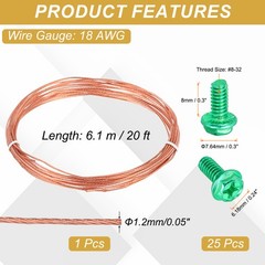 18 Gauge 20ft Bare Copper Ground Wire with 25Pcs #8-32 x 5/16″ Green Screws