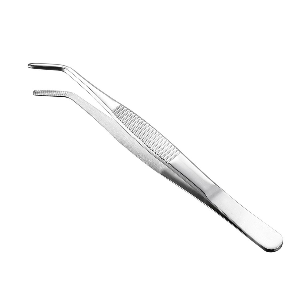 Tweezers, 160mm Length, Stainless Steel Curved Blunt Serrated Tip Tweezer