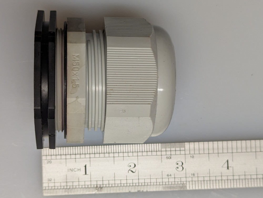 Plastic Cable Gland (strain relief), 1 ” to 1 1/4″ Cable, M50 x 1.5. New.