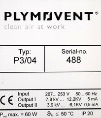 Plymovent Converter Type P3/04 Input 207-253V 50/60Hz Output I 7.8-12.2kV 5mA
