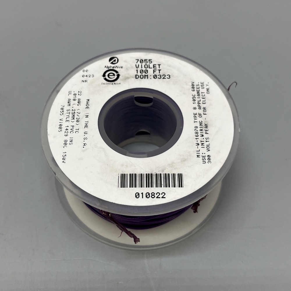 AlphaWire Hook-up Wire Approx. 75ft Spool Violet 7055 V1005 22AWG DOM: 0323