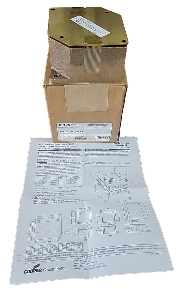 Eaton Crouse-Hinds 574BT4 Watertight Junction Box Cooper AL Type 4X, 4P T-BLK