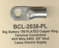 5 TIN PLATED Copper Battery Ring Lug Terminal Connector 2/0 Wire Gauge 3/8″ Stud