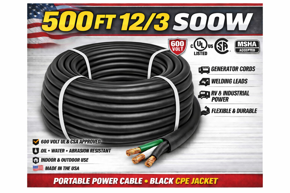 12/3 SOOW Portable Cord 500FT 600V UL CSA Black Flexible Cable USA Made