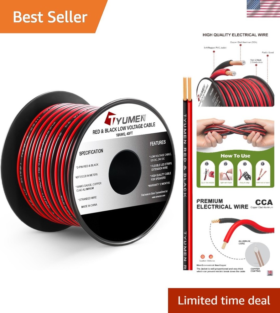 40FT 18 Gauge 2pin 2 Color Red Black Cable Hookup Electrical Wire LED Strips …