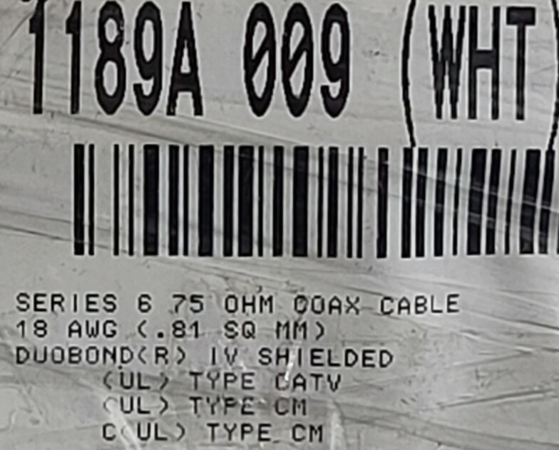Belden 1189A 18awg BCCS RG-6Q Quad Shield Broadband Coaxial Cable White /100ft