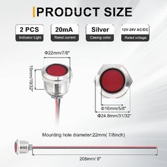 22mm 7/8 LED Indicator Light, Metal Indicator Light, Waterproof IP67, Red