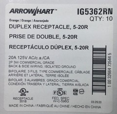 Eaton/Arrow-Hart IG5362RN 20 Amp 2P 3W 125V 5-20R Duplex Receptacle