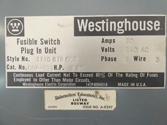 Westinghouse 373D878G02 Fusible Bus Plug Busway, COP-321, 240V, 30A, 3PH, 3HP