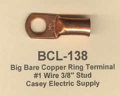 20 Bare Battery BIG COPPER LUG Ring Terminal Connector #1 Wire Gauge 3/8″ Stud