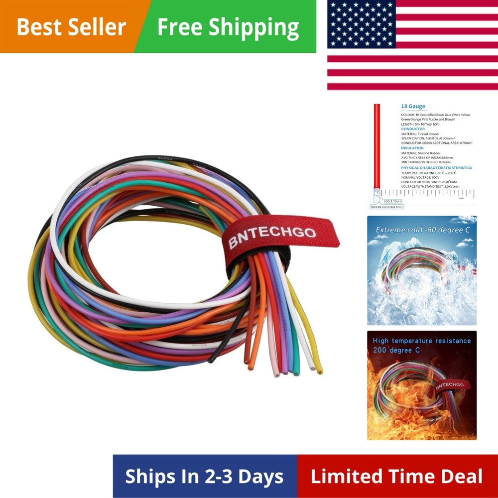 18 Gauge Silicone Wire Kit 10 Color Each 5 ft Flexible 18 AWG Stranded Tinned…