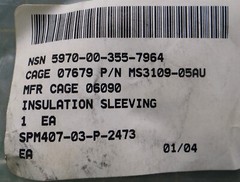 Special Purpose Electrical Insulation Sleeving MS3109-05AU NSN: 5970-00-355-7964