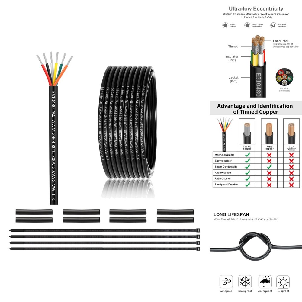 25FT 22 AWG 6 Conductor Electrical Wire Tinned Copper Outdoor LED Automotive