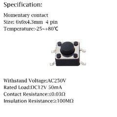 100 Pcs 6x6x4.3mm 4 Pin Micro SMD SMT Momentary Tactile Pushbutton Switches