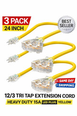 3 Pack 12/3 Tri Tap Extension Cord 24in Heavy Duty 15A LED Plug Yellow