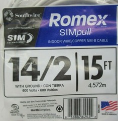 Southwire Romex Brand SIMpull Indoor Wire Copper NM-B Cable 14/2 W/Ground 15′