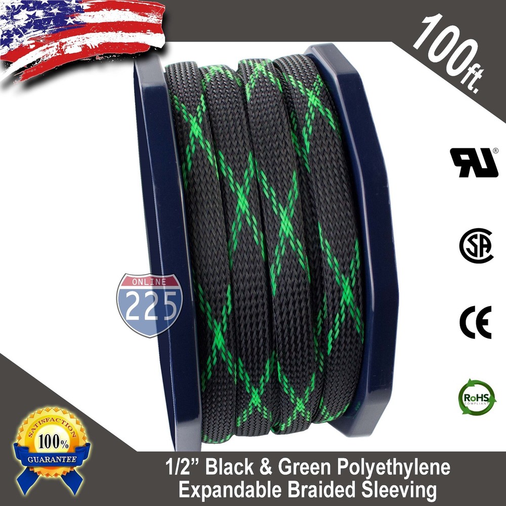 100 FT 1/2″ Black Green Expandable Wire Sleeving Sheathing Braided Loom Tubing
