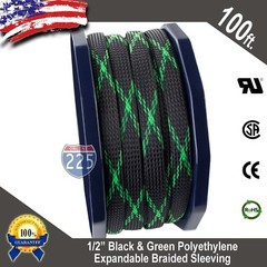 100 FT 1/2″ Black Green Expandable Wire Sleeving Sheathing Braided Loom Tubing