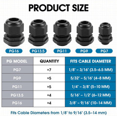 25 Pack Cable Gland Kit IP68 Waterproof Nylon PG7-PG16 Black