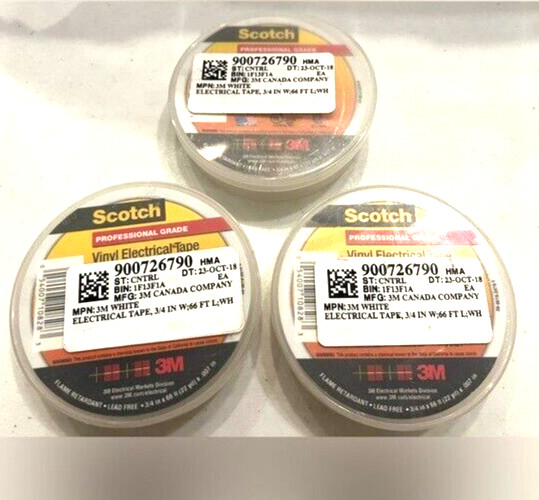LOT OF 3 SCOTCH 3M PROFESSIONAL GRADE VINYL ELECTRICAL TAPE 35 WHITE CANADA MADE