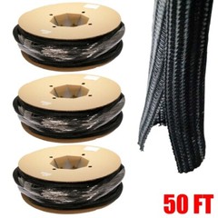 3x 50FT 1.5″ Self Closing Cable Sleeve Wrap Sock Braid Flexible Organizer Black