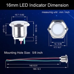 16mm 12V 24V Metal LED Indicator Light, Waterproof Common Anode Indicator Light