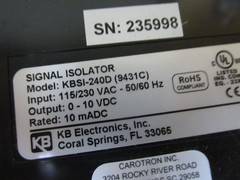 KB Electronics KBSI-240D (9431C) Signal Isolator 115/230Vac 10mADC 0-10Vdc