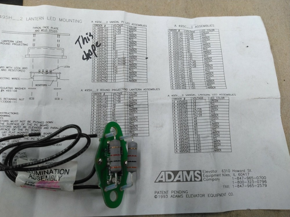 Adams LED Vandal Illumination Assembly A495E4A2 Elevator Equipment 120VAC Amber