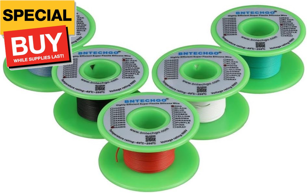 30 Gauge Silicone Wire Kit Red Black White Blue and Green Each 50ft 30 AWG Stran