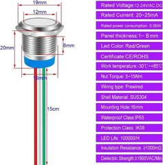 Bi Color Green Red 16mm 0.63 Inch Energy Saving LED Indicator Light 12V 24V