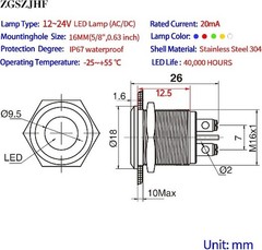 16mm 12V 24V LED Indicator Light, Frosted Surface, Waterproof Screw Terminal