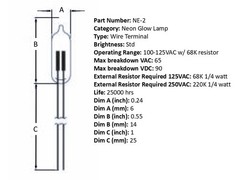 MPJ 37224LA NE2 NEON LAMP 120VAC ORANGE GLOW BULB 20PCS REQUIRES 68K RESISTOR