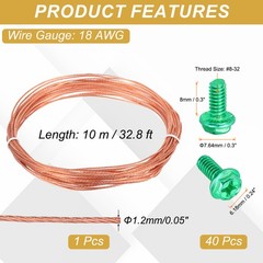 18 Gauge 32.8 ft Bare Copper Ground Wire with 40Pcs #8-32 x 5/16″ Green Screws
