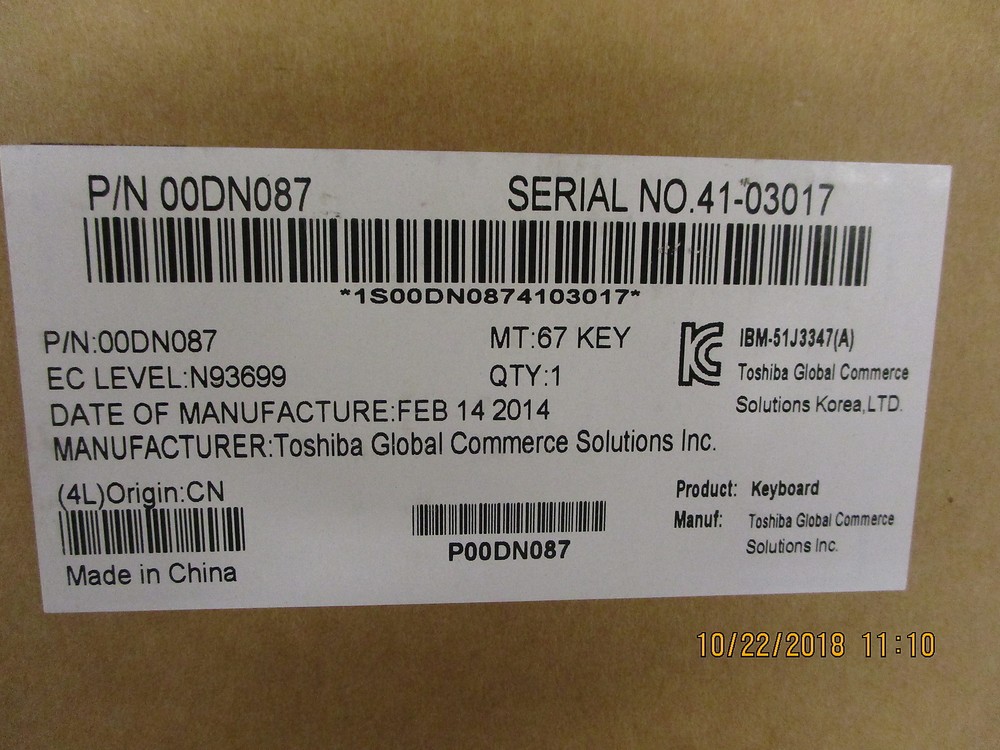 New, Toshiba, 00DN087 67KEY-Pearl White POS KEYBOARD