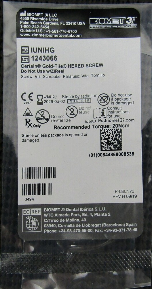 Biomet3i IUNIHG Certain Gold-Tite HEXED SCREW
