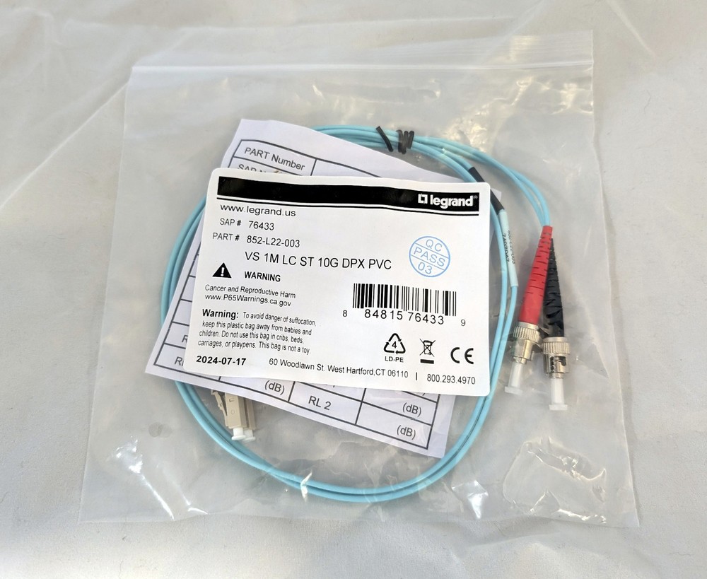 LEGRAND Quiktron OM3 Duplex Multimode Fiber Optic Cable, LC/ST, 10 GB