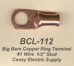 5 Big Bare Battery COPPER Ring Lug Terminal Connector #1 Wire Gauge 1/2″ Stud