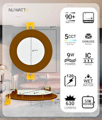 NUWATT 4” LED Bronze Round Canless Downlight 9 Watt Dimmable Indoor/Outdoor