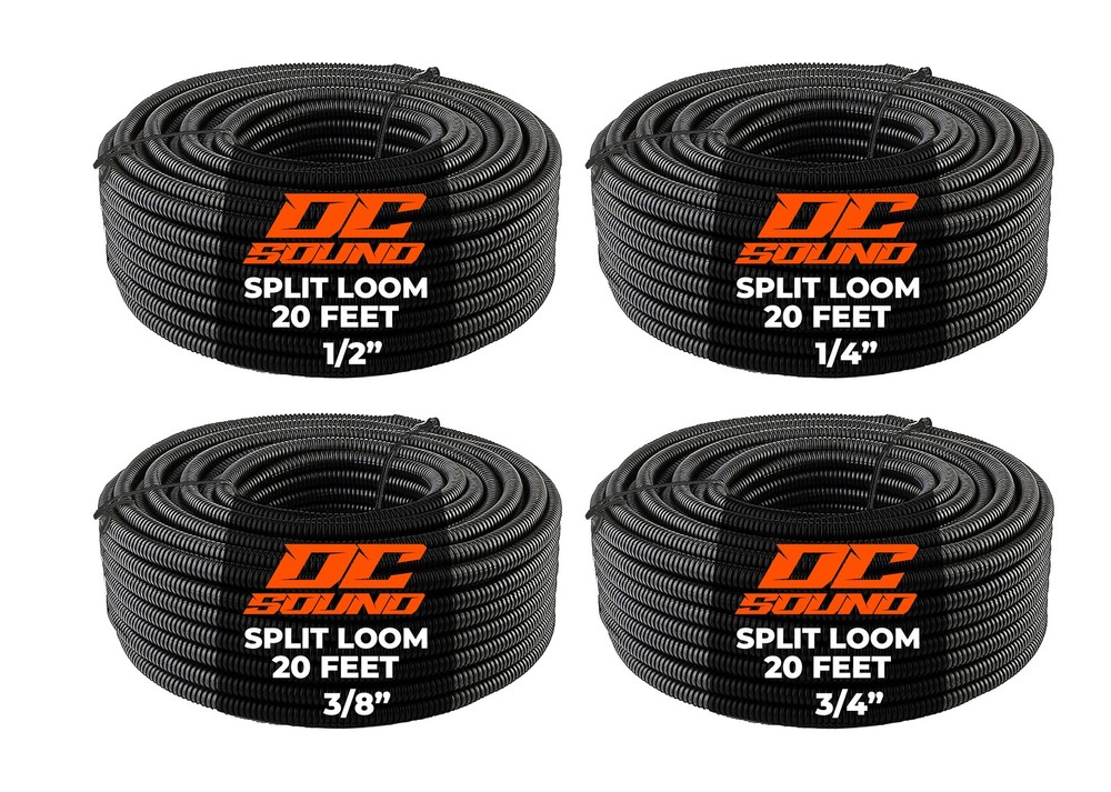 DC Sound 4-Pack 1/4″, 3/8″, 1/2″, 3/4″ x 20 Feet Each Split Wire Loom Convoluted