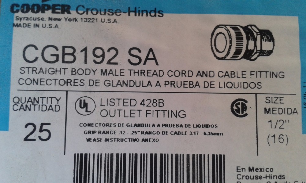 EATON CROUSE- HINDS EACH (1PCS) CGB192 SA 1/2″ Cord/Cable Fitting, Straight, 0.