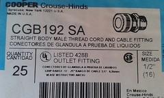 EATON CROUSE- HINDS EACH (1PCS) CGB192 SA 1/2″ Cord/Cable Fitting, Straight, 0.